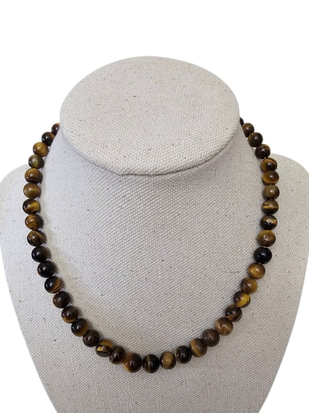 Tiger Eye Beaded Necklace Brown Gold Round Gemstone Beads Vintage Style Screw...